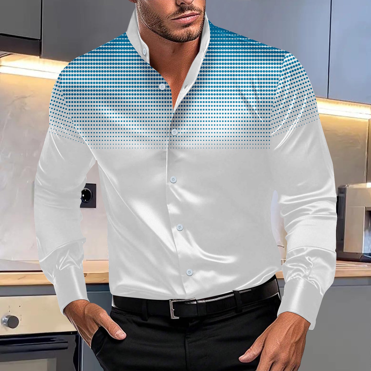 Four-sided Stretch Dotted Prints Daily Casual Stand Collar Long-sleeved Shirt - ADJOVIMARK
