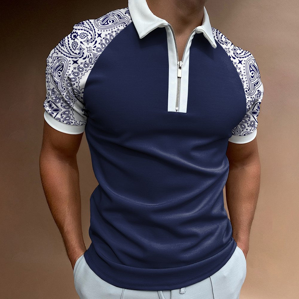 Short Sleeve POLO Shirt Casual Striped Plaid Print Zip Sweatshirt - ADJOVIMARK