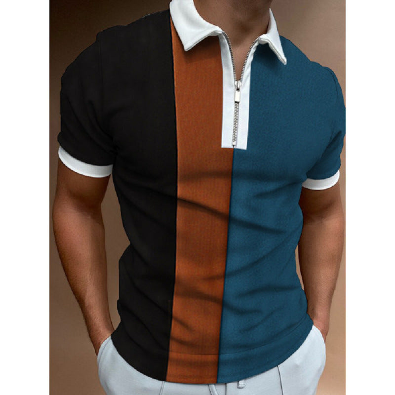 Short Sleeve POLO Shirt Casual Striped Plaid Print Zip Sweatshirt - ADJOVIMARK