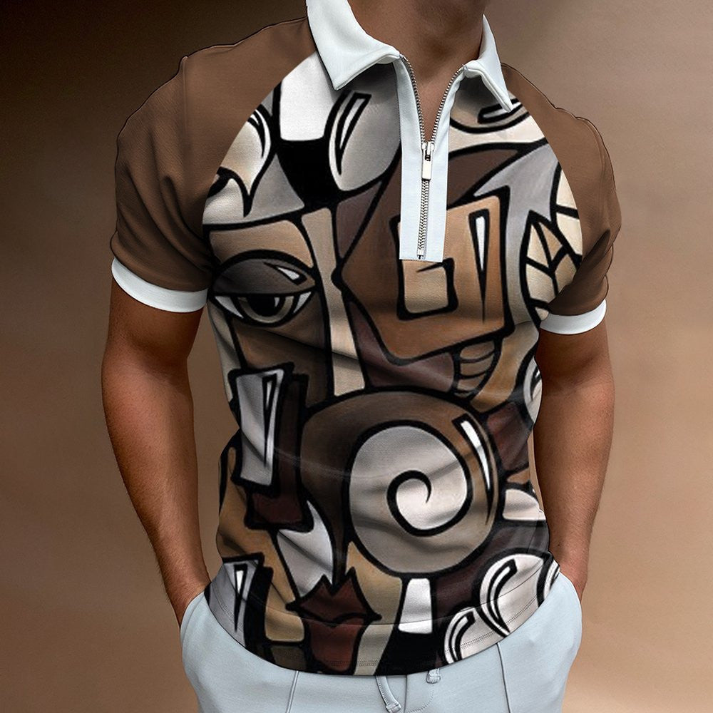 Short Sleeve POLO Shirt Casual Striped Plaid Print Zip Sweatshirt - ADJOVIMARK