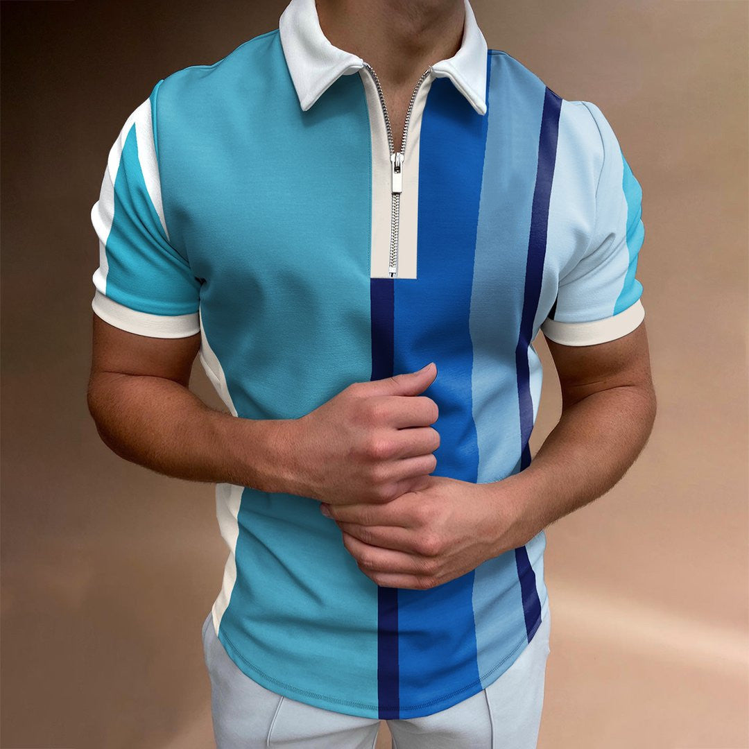 Short Sleeve POLO Shirt Casual Striped Plaid Print Zip Sweatshirt - ADJOVIMARK