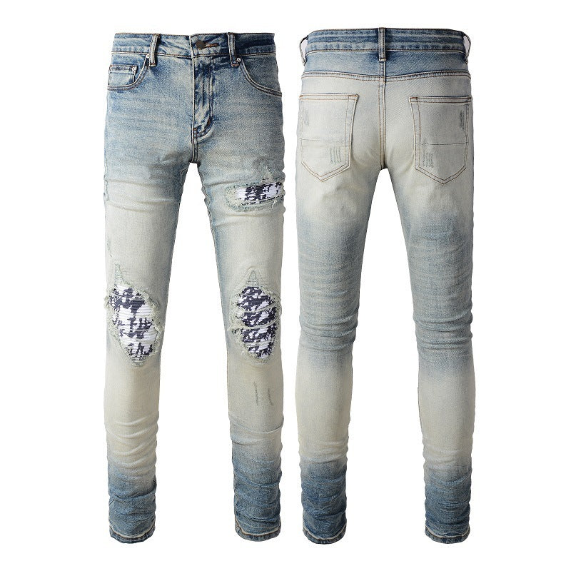 American High Street Fashionable Men's Ripped Black And White Patch Jeans - ADJOVIMARK