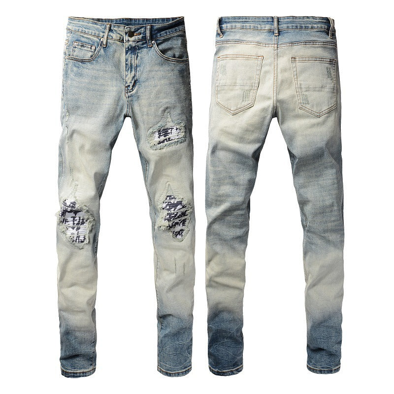 American High Street Fashionable Men's Ripped Black And White Patch Jeans - ADJOVIMARK