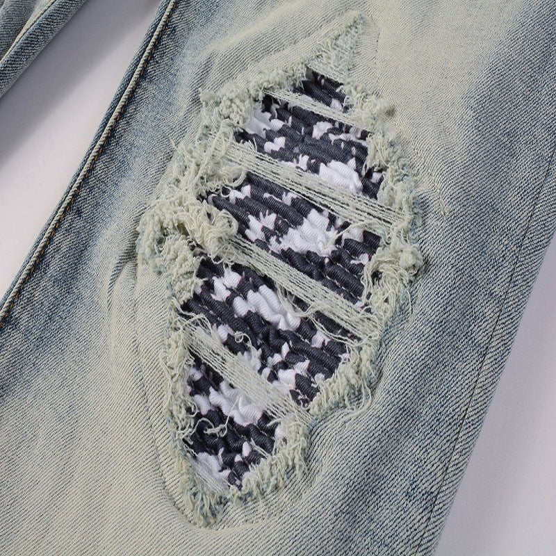 American High Street Fashionable Men's Ripped Black And White Patch Jeans - ADJOVIMARK