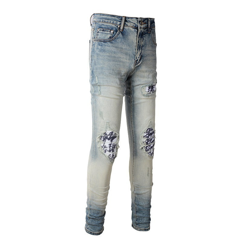 American High Street Fashionable Men's Ripped Black And White Patch Jeans - ADJOVIMARK
