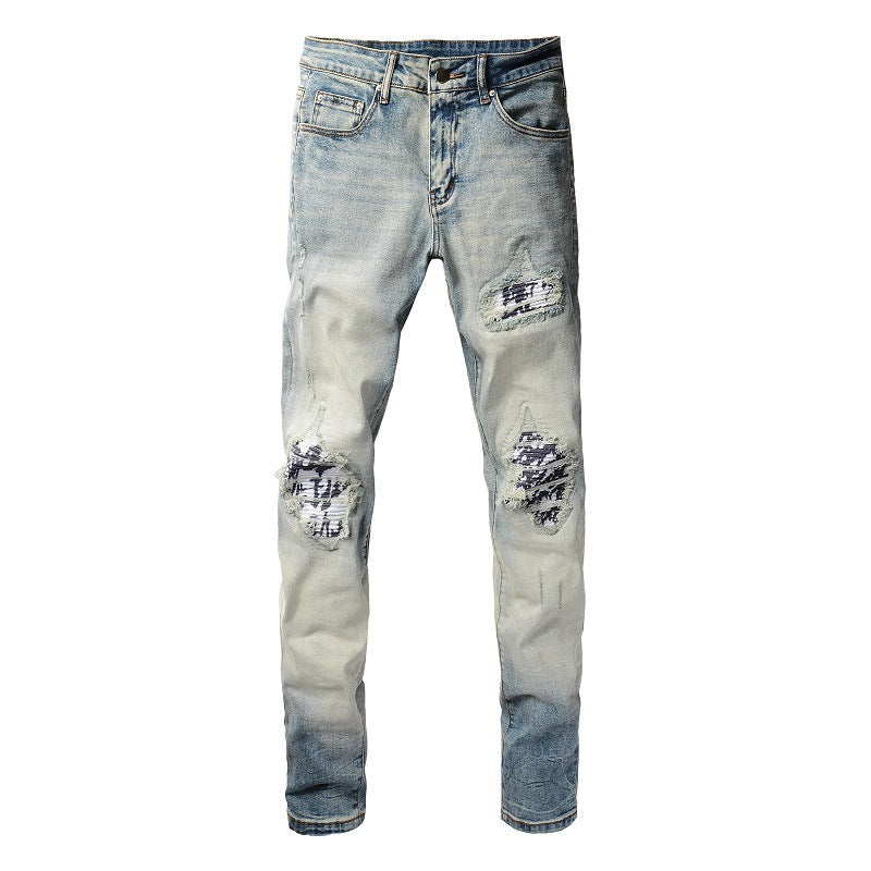 American High Street Fashionable Men's Ripped Black And White Patch Jeans - ADJOVIMARK