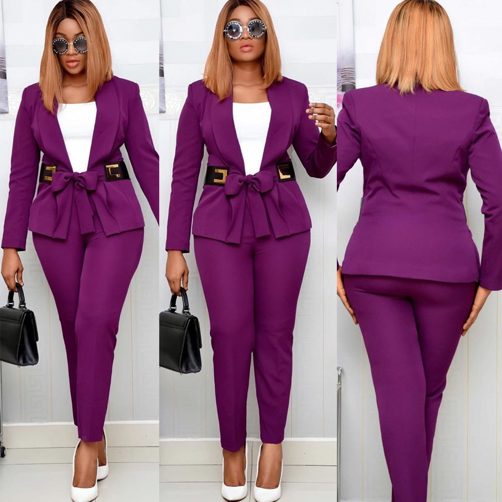 Konishi Assembly Special Leather Belt Ol Commuter Plus Size Two-Piece Suit - ADJOVIMARK