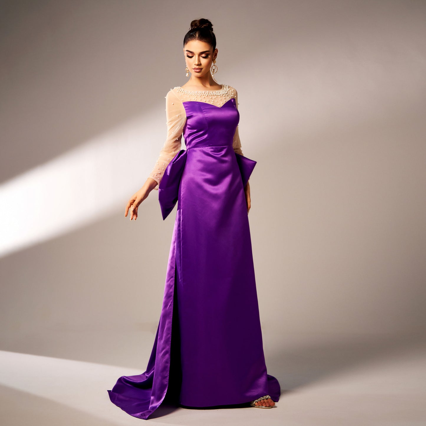 Long Sleeve Round Neck Party Beaded Big Bow Evening Dress - ADJOVIMARK
