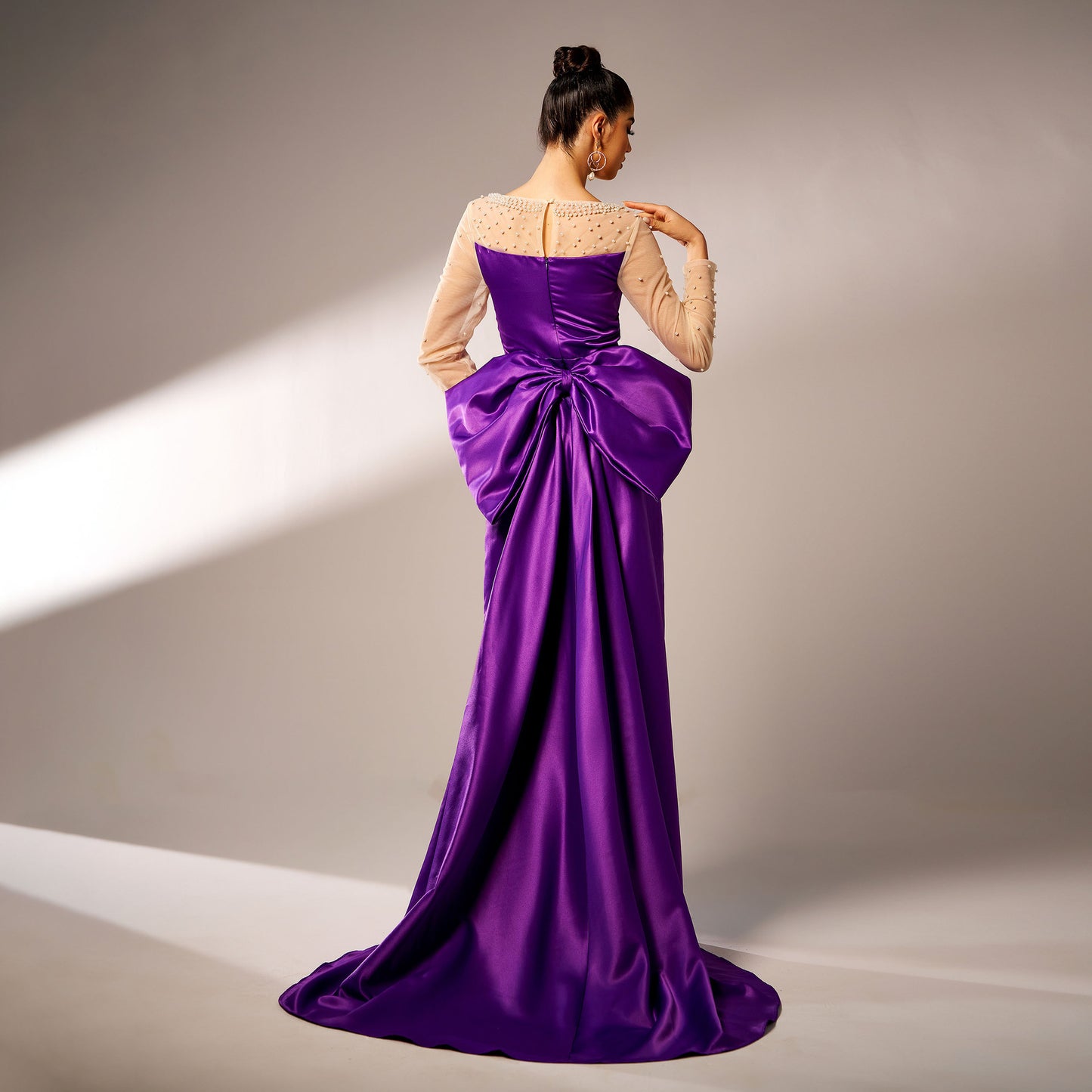 Long Sleeve Round Neck Party Beaded Big Bow Evening Dress - ADJOVIMARK