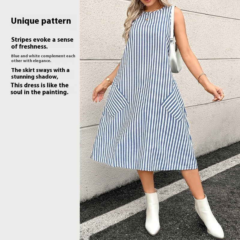 Round Neck Pocket Striped Dress Women - ADJOVIMARK