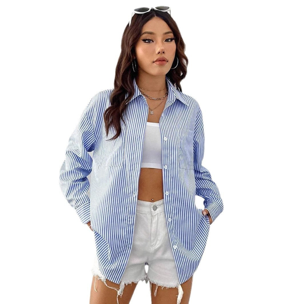 Striped Cardigan Top Loose Casual Long Sleeves Shirt - ADJOVIMARK