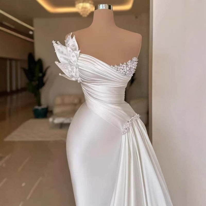 White Graceful Satin Simple Lightweight Wedding Dress Long Dress - ADJOVIMARK