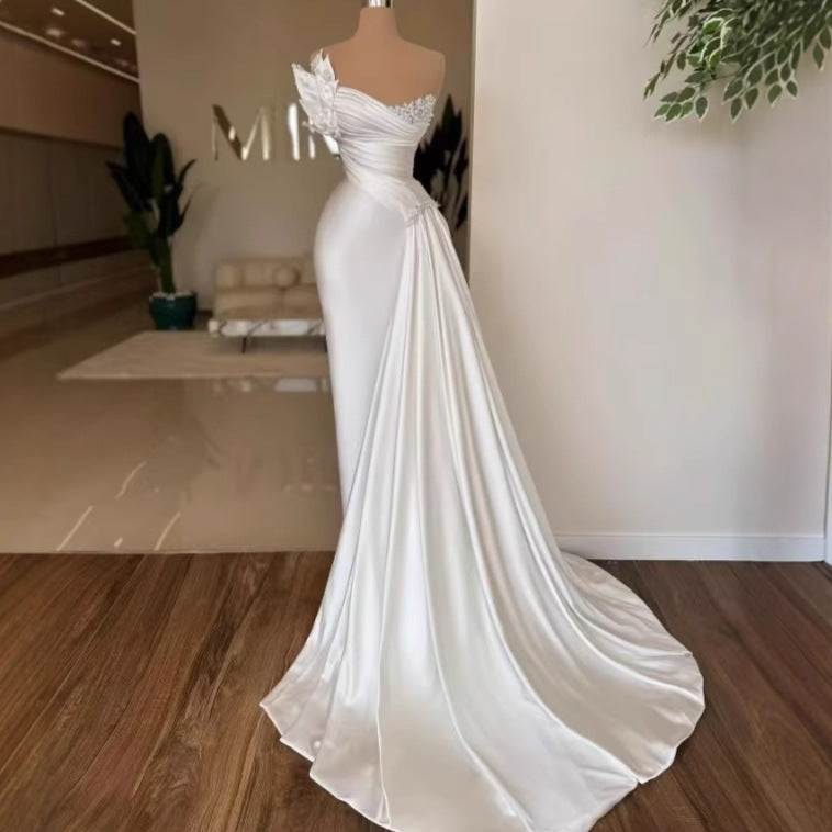White Graceful Satin Simple Lightweight Wedding Dress Long Dress - ADJOVIMARK
