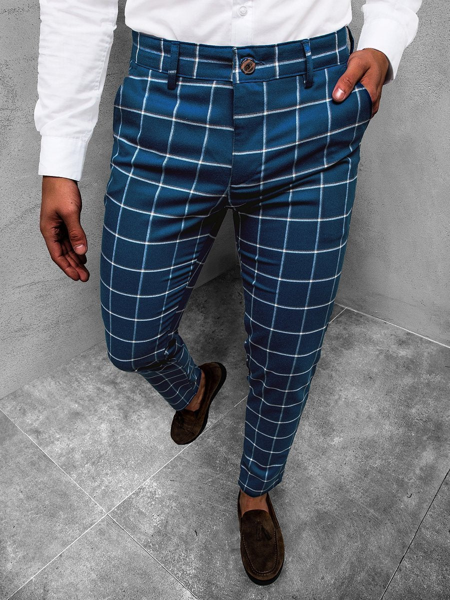 Men's Plaid Casual Youth Ordinary Micro-elastic Mid Waist Trousers