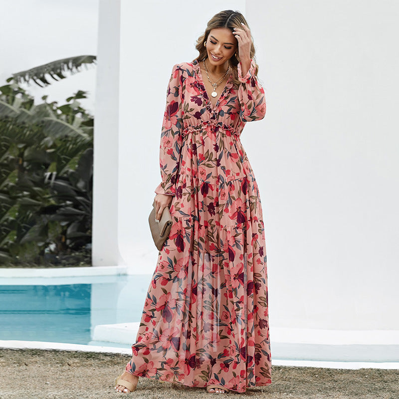 Floral Floral Dress Women Deep V-neck Ruffled Puff Sleeve Skirt