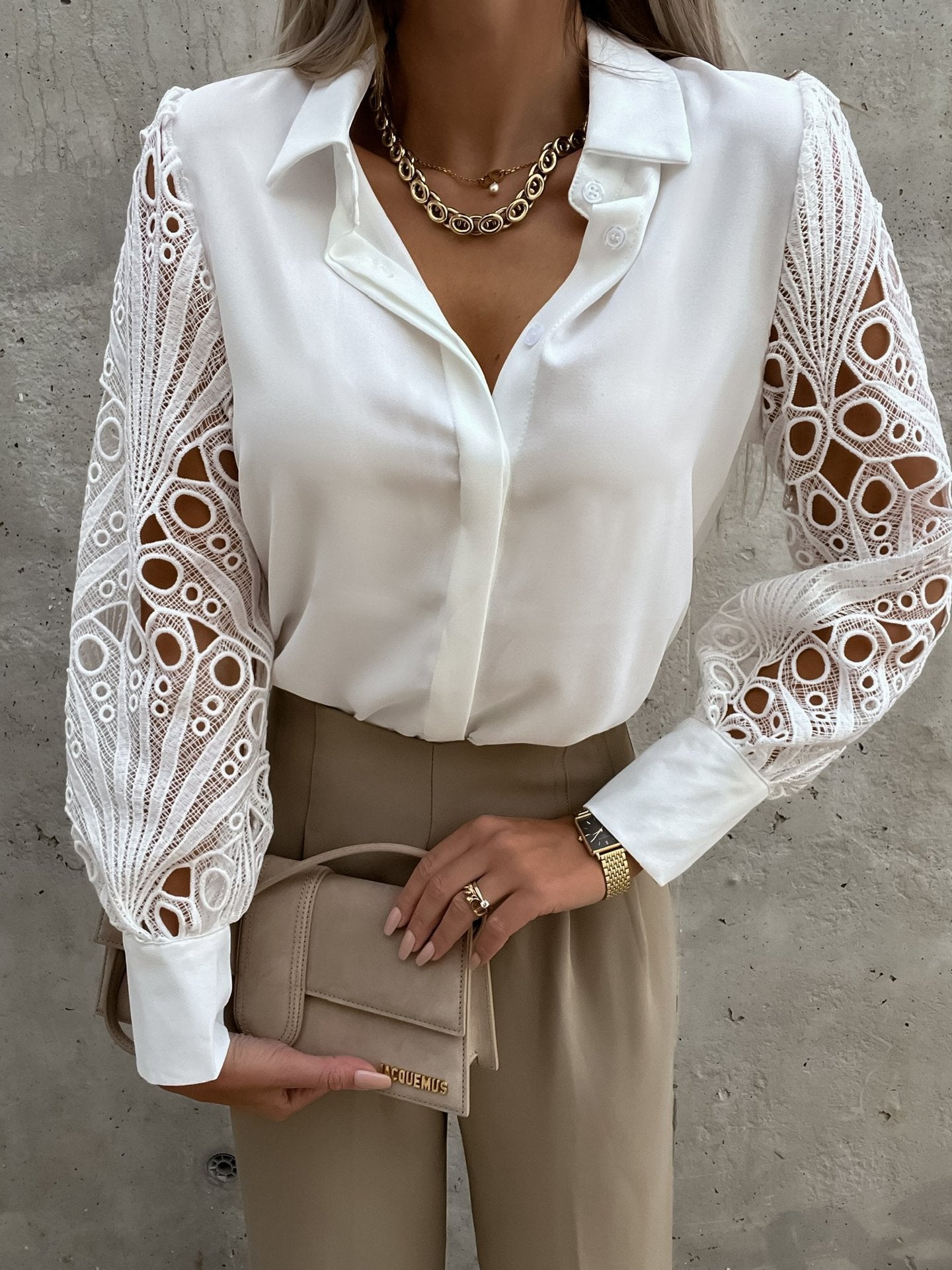 Ladies Solid Color Lace Patchwork Shirt