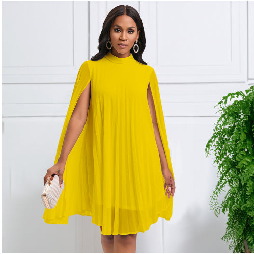 Round Neck Loose Casual Large Size Pleated Shawl Sleeve Dress