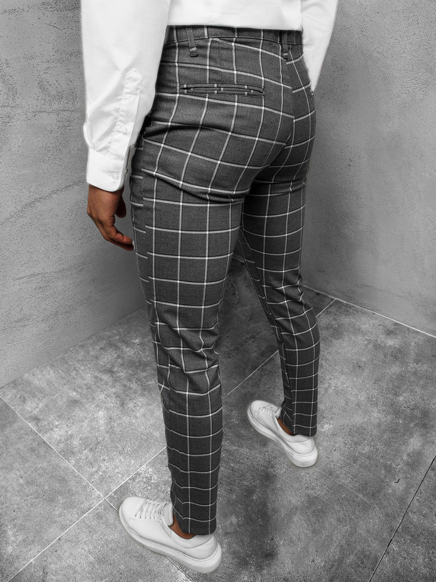 Men's Plaid Casual Youth Ordinary Micro-elastic Mid Waist Trousers