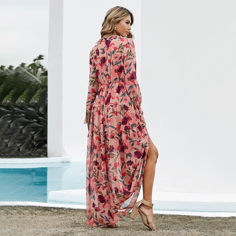 Floral Floral Dress Women Deep V-neck Ruffled Puff Sleeve Skirt