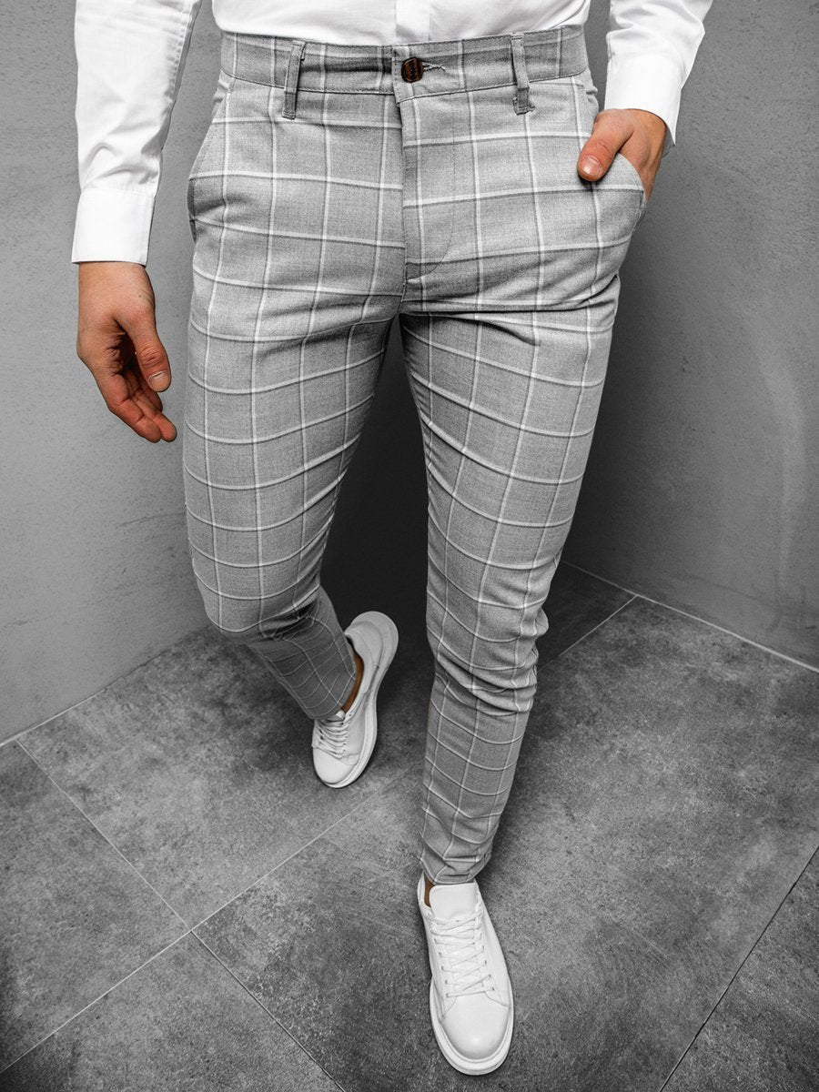 Men's Plaid Casual Youth Ordinary Micro-elastic Mid Waist Trousers