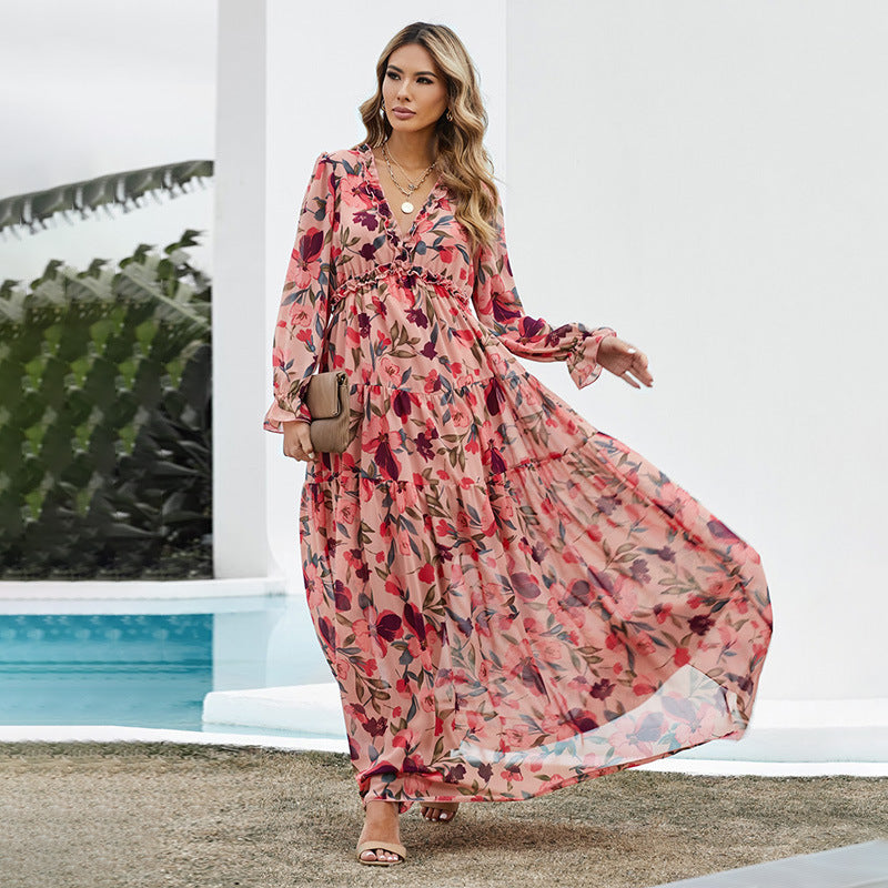 Floral Floral Dress Women Deep V-neck Ruffled Puff Sleeve Skirt