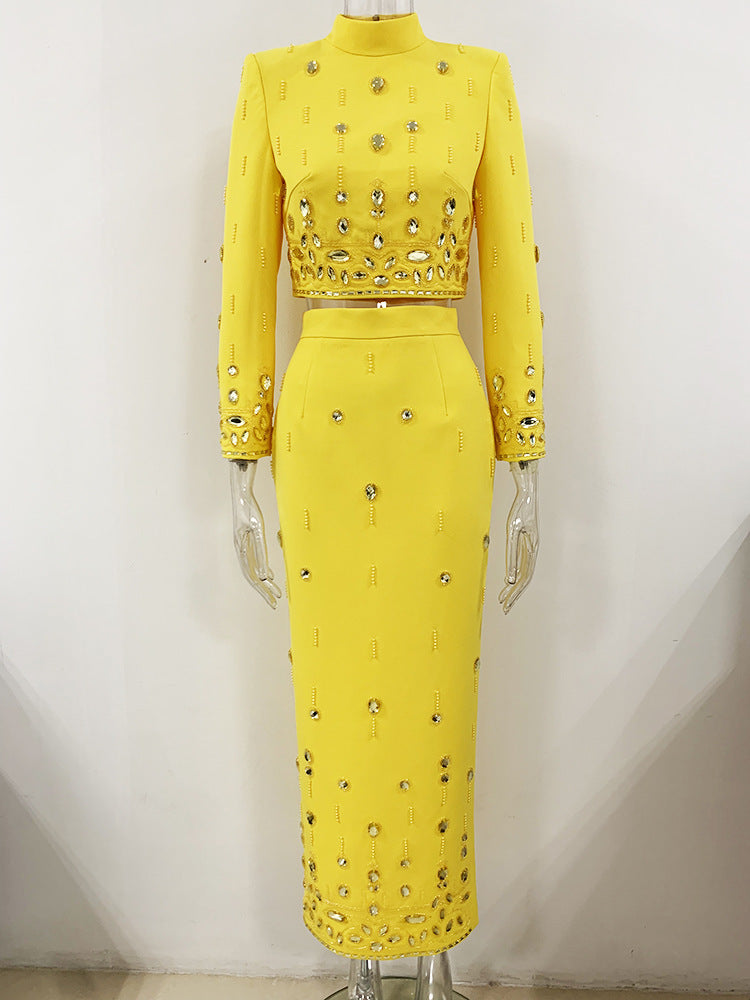 Fashion New Heavy Industry Beads Diamond Inlaid Short Top Long Skirt Suit