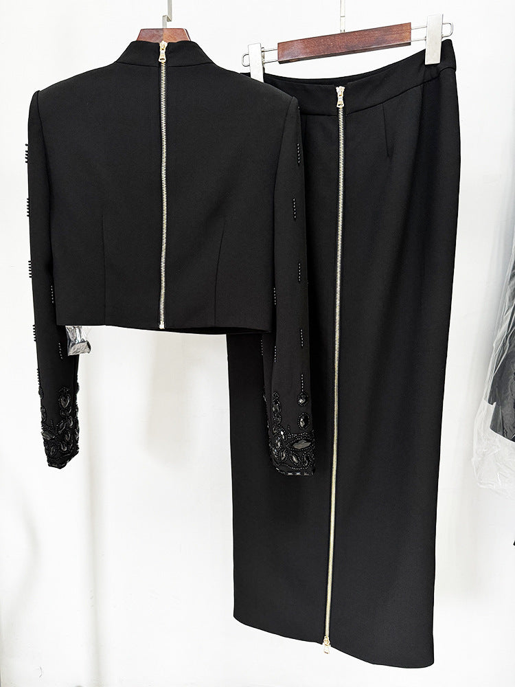 Fashion New Heavy Industry Beads Diamond Inlaid Short Top Long Skirt Suit