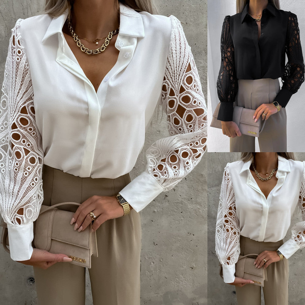 Ladies Solid Color Lace Patchwork Shirt