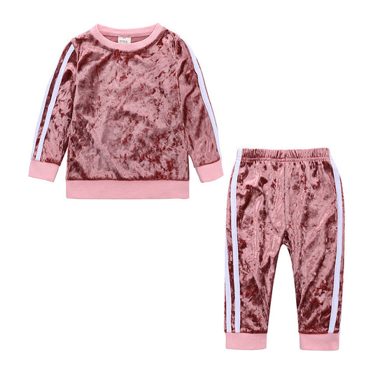 Children's Autumn Fashion Style Gold Diamond Velvet 2-piece Set