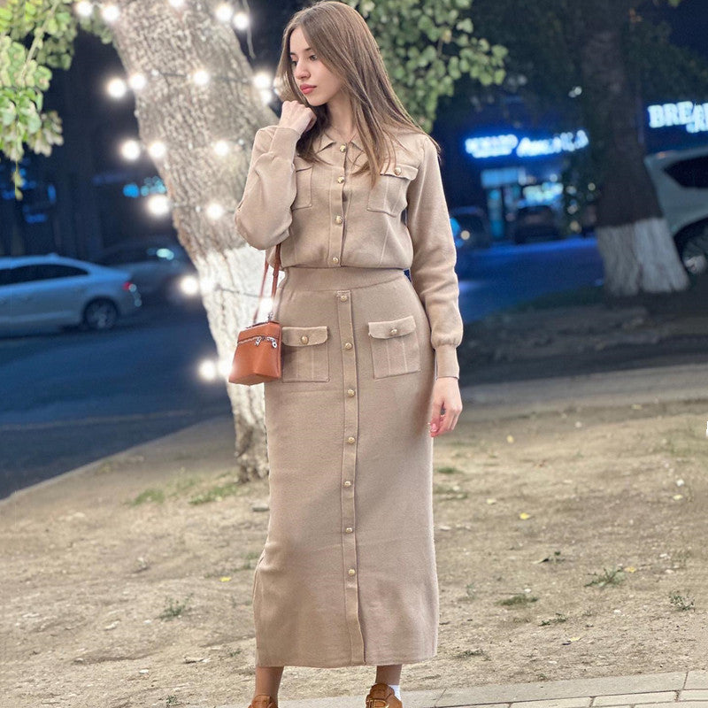 Elegant Pleated Slim-fit Lapel Woolen Skirt Two-piece Suit