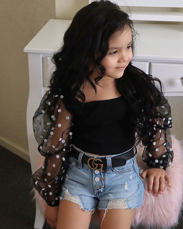 Children'S Clothing Cotton Dot Mesh Sleeves Striped Top Ripped Denim Shorts Kids Suit - ADJOVIMARK