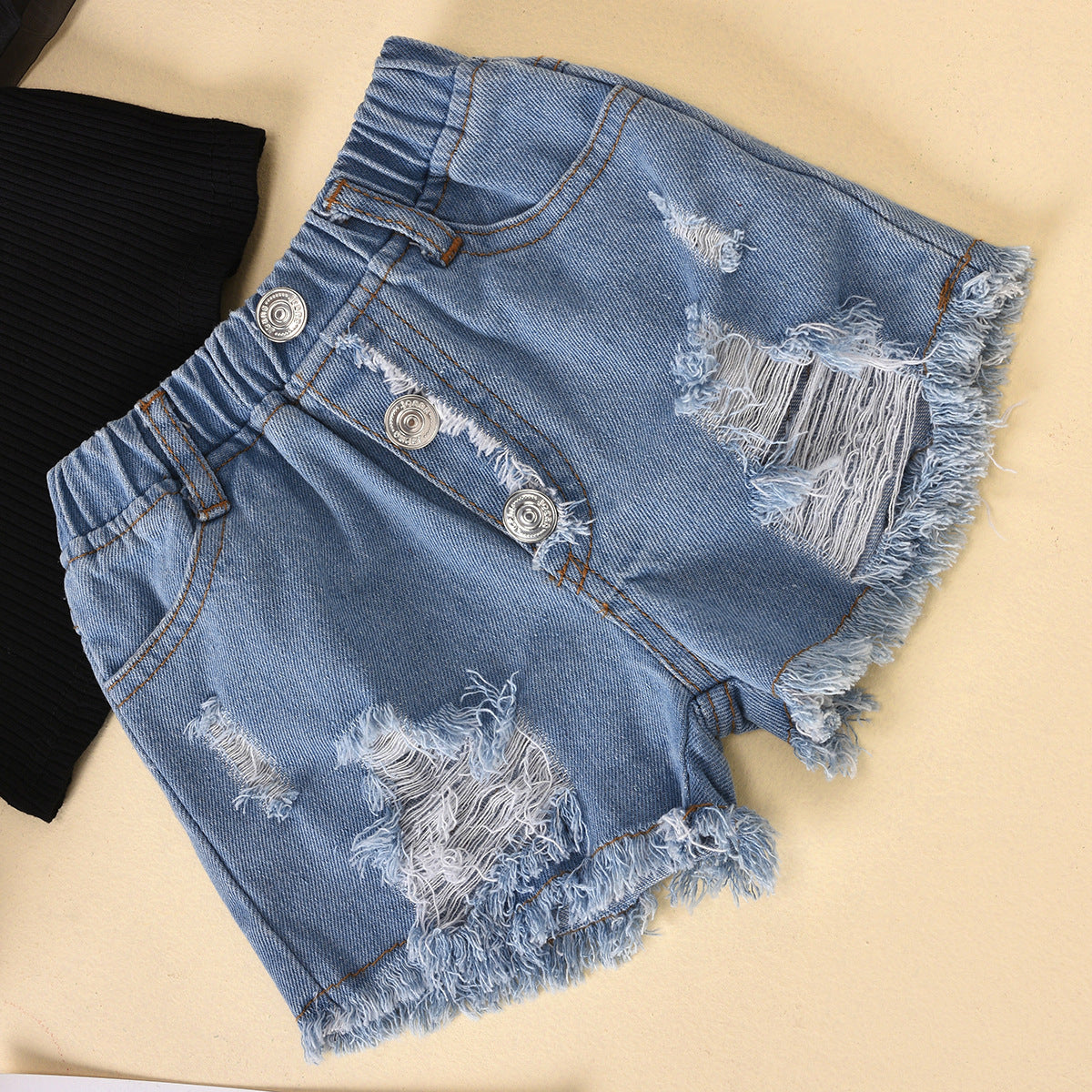 Children'S Clothing Cotton Dot Mesh Sleeves Striped Top Ripped Denim Shorts Kids Suit - ADJOVIMARK