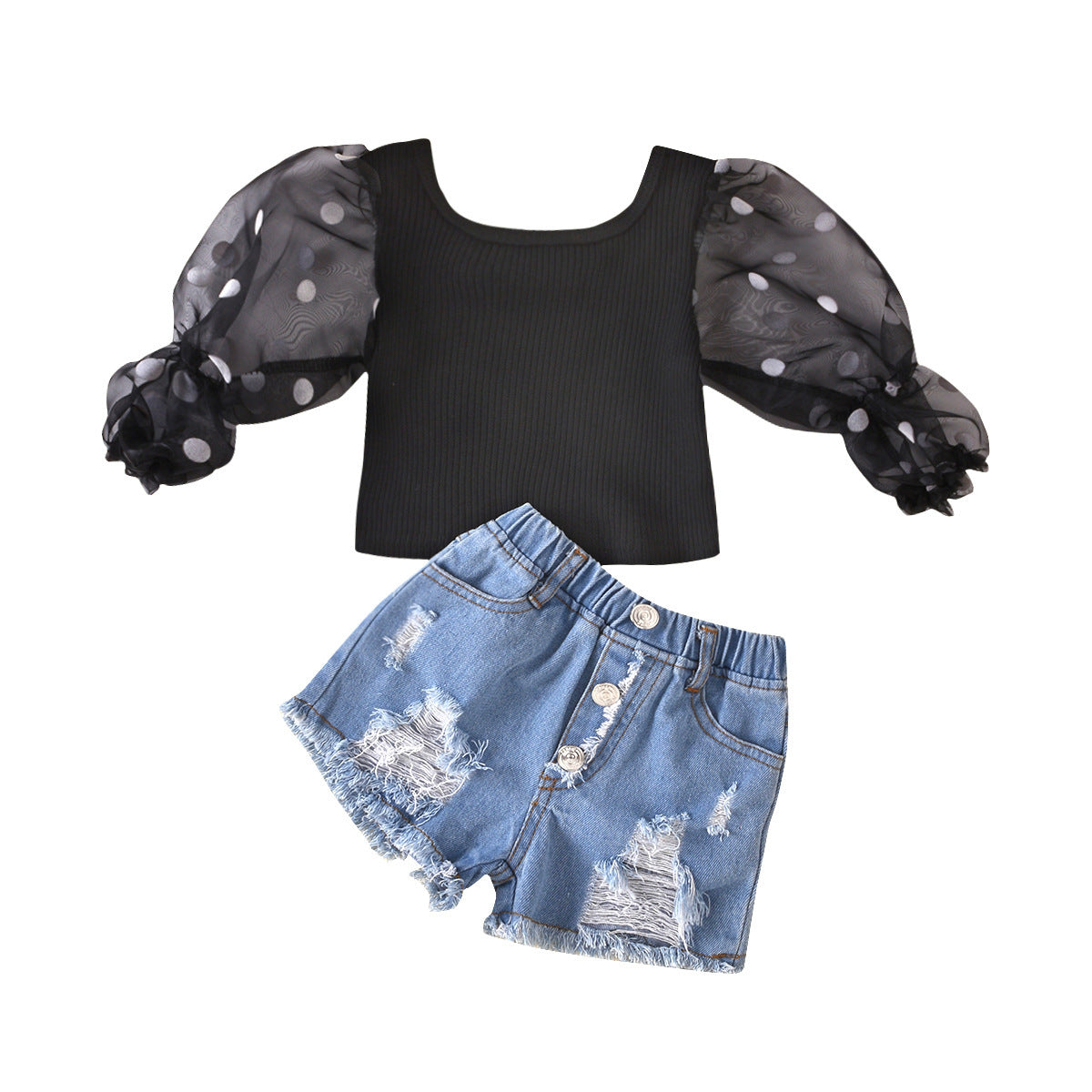 Children'S Clothing Cotton Dot Mesh Sleeves Striped Top Ripped Denim Shorts Kids Suit - ADJOVIMARK