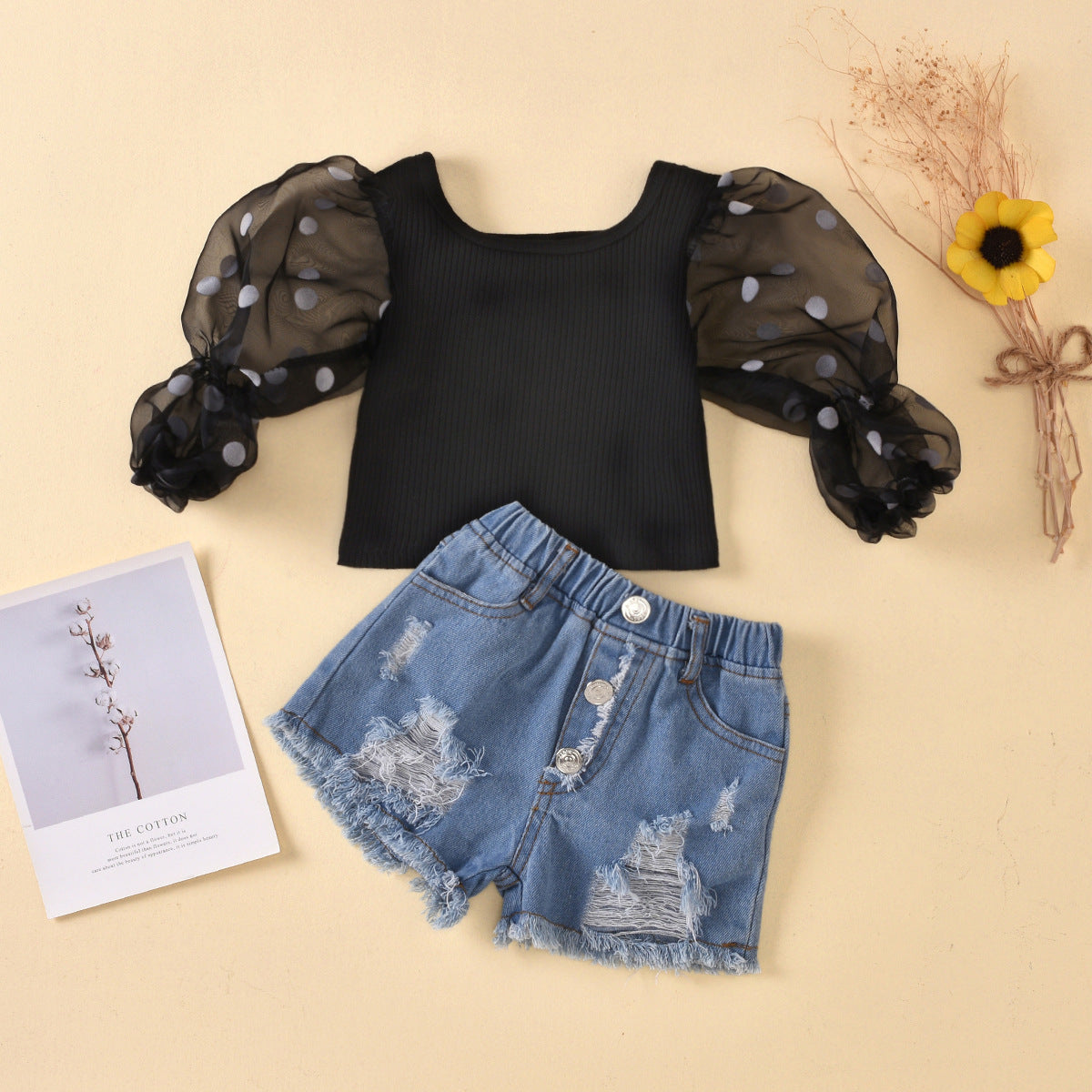 Children'S Clothing Cotton Dot Mesh Sleeves Striped Top Ripped Denim Shorts Kids Suit - ADJOVIMARK