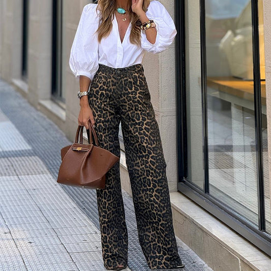 Women's Fashion Temperament Leopard Print Straight Casual Trousers - ADJOVIMARK
