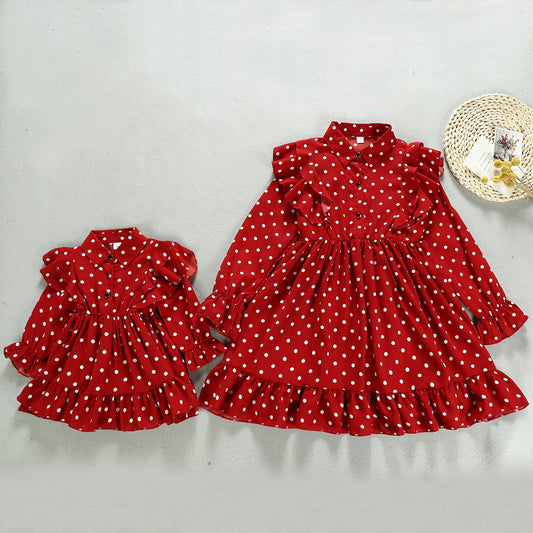 Cross-Border Autumn New Products Korean Girl Lapel Ruffled Long-Sleeved Polka Dot Dress Factory Direct Sales - ADJOVIMARK