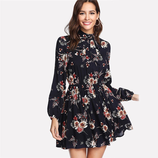 Autumn Floral Women Dresses Multicolor Elegant Long Sleeve High Waist A Line Chic Dress Ladies Tie Neck Dress - ADJOVIMARK