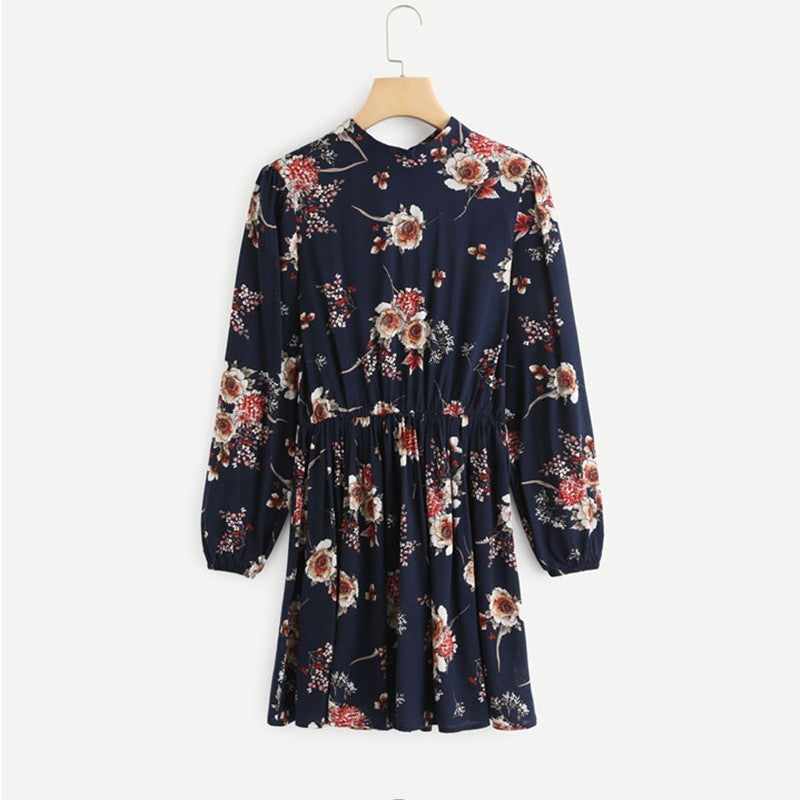 Autumn Floral Women Dresses Multicolor Elegant Long Sleeve High Waist A Line Chic Dress Ladies Tie Neck Dress - ADJOVIMARK