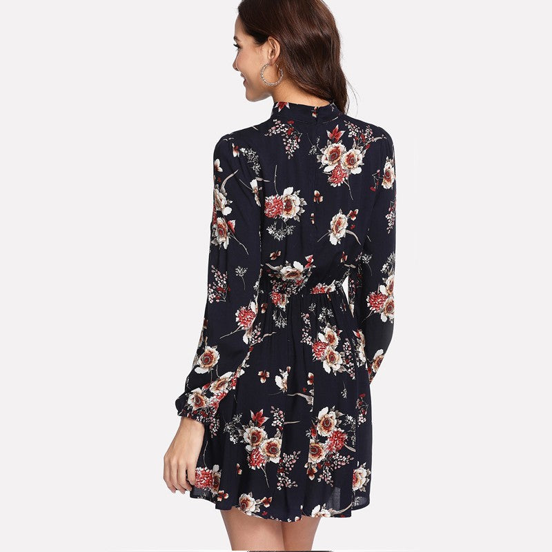 Autumn Floral Women Dresses Multicolor Elegant Long Sleeve High Waist A Line Chic Dress Ladies Tie Neck Dress - ADJOVIMARK