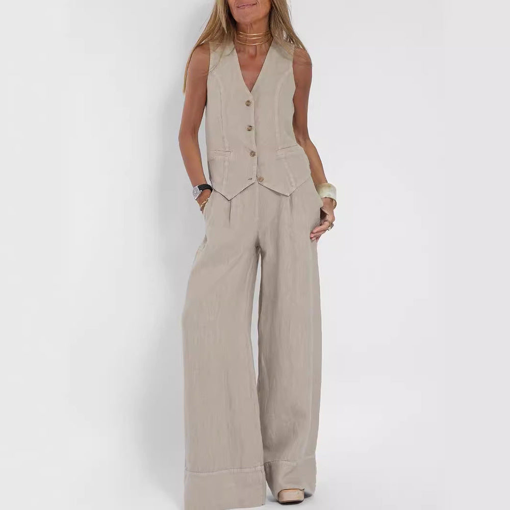 Summer Vest Suits V-neck Botton Sleeveless Top And Loose Straight Trousers Casual Womens Clothing - ADJOVIMARK
