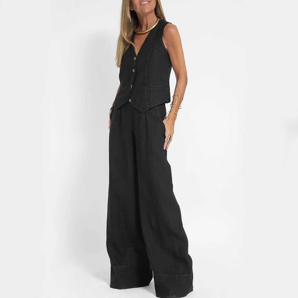 Summer Vest Suits V-neck Botton Sleeveless Top And Loose Straight Trousers Casual Womens Clothing - ADJOVIMARK
