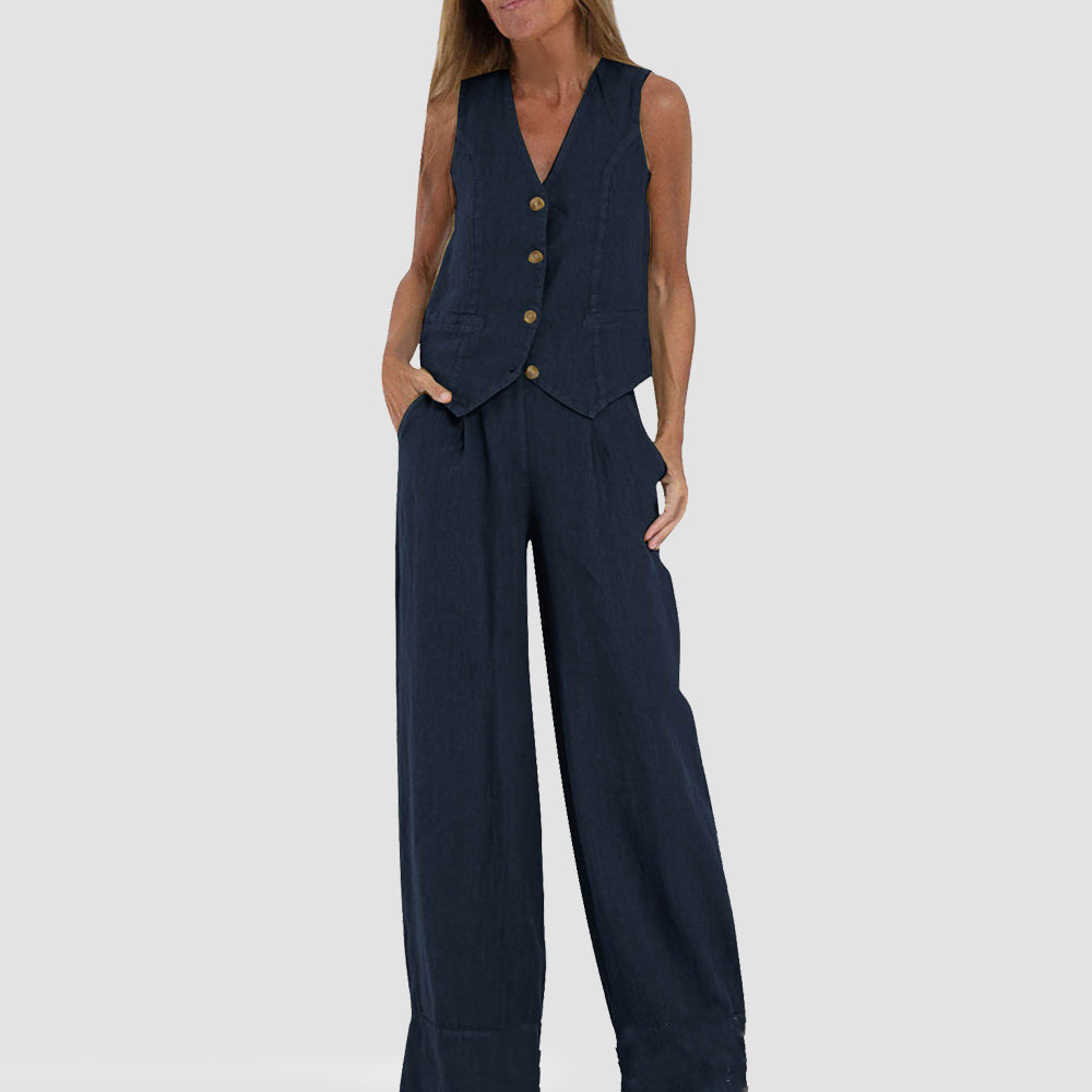 Summer Vest Suits V-neck Botton Sleeveless Top And Loose Straight Trousers Casual Womens Clothing - ADJOVIMARK