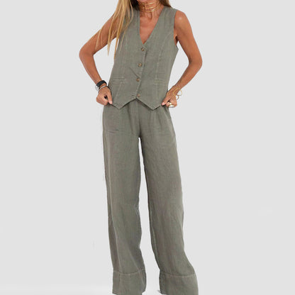 Summer Vest Suits V-neck Botton Sleeveless Top And Loose Straight Trousers Casual Womens Clothing - ADJOVIMARK