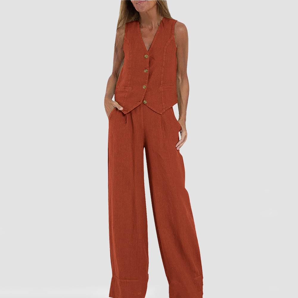 Summer Vest Suits V-neck Botton Sleeveless Top And Loose Straight Trousers Casual Womens Clothing - ADJOVIMARK