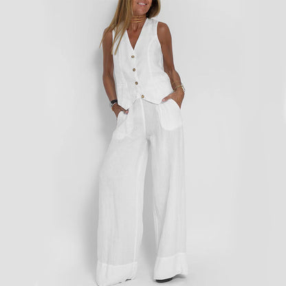 Summer Vest Suits V-neck Botton Sleeveless Top And Loose Straight Trousers Casual Womens Clothing - ADJOVIMARK