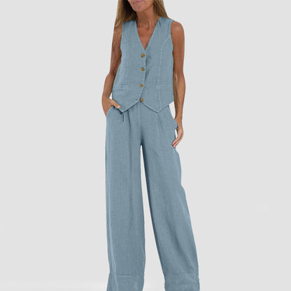 Summer Vest Suits V-neck Botton Sleeveless Top And Loose Straight Trousers Casual Womens Clothing - ADJOVIMARK