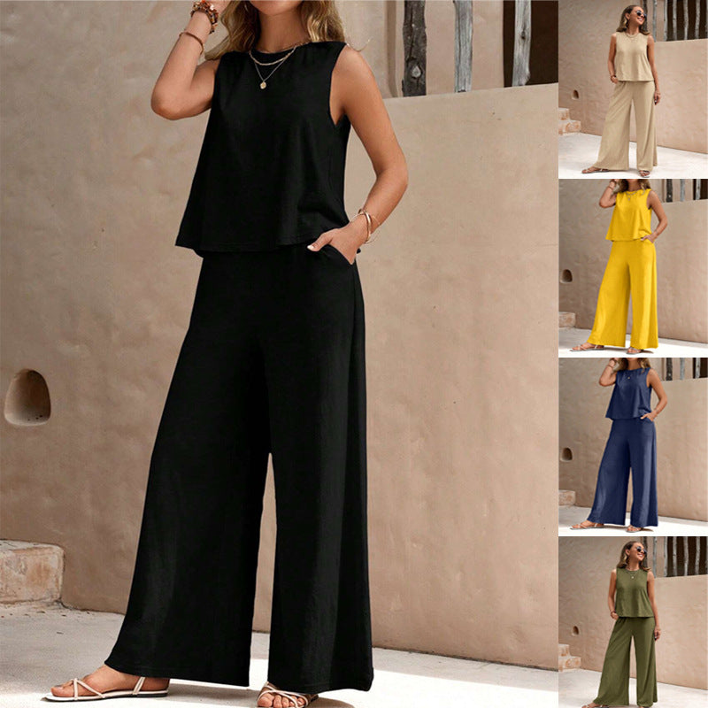 Solid Color Casual Loose Pants Sets For Women Elegant Spring Summer Women's Two Pieces Suit Full Trouser Set Female Outfit Clothes - ADJOVIMARK
