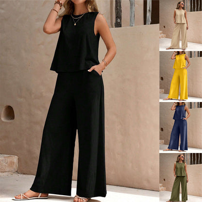 Solid Color Casual Loose Pants Sets For Women Elegant Spring Summer Women's Two Pieces Suit Full Trouser Set Female Outfit Clothes - ADJOVIMARK