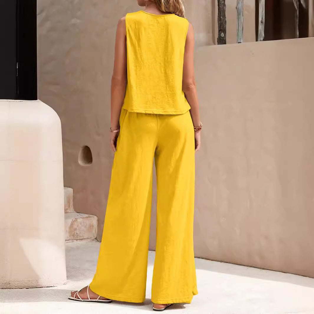 Solid Color Casual Loose Pants Sets For Women Elegant Spring Summer Women's Two Pieces Suit Full Trouser Set Female Outfit Clothes - ADJOVIMARK