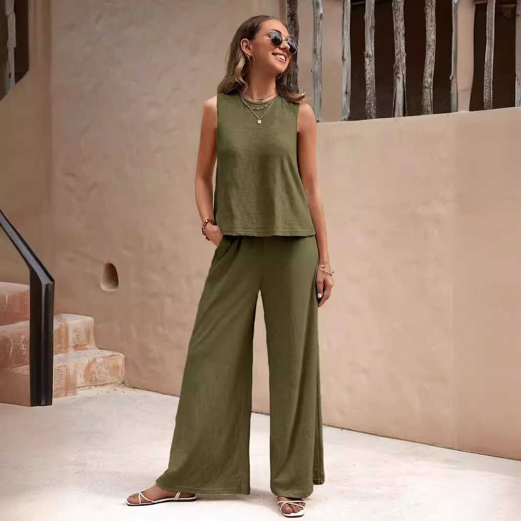 Solid Color Casual Loose Pants Sets For Women Elegant Spring Summer Women's Two Pieces Suit Full Trouser Set Female Outfit Clothes - ADJOVIMARK